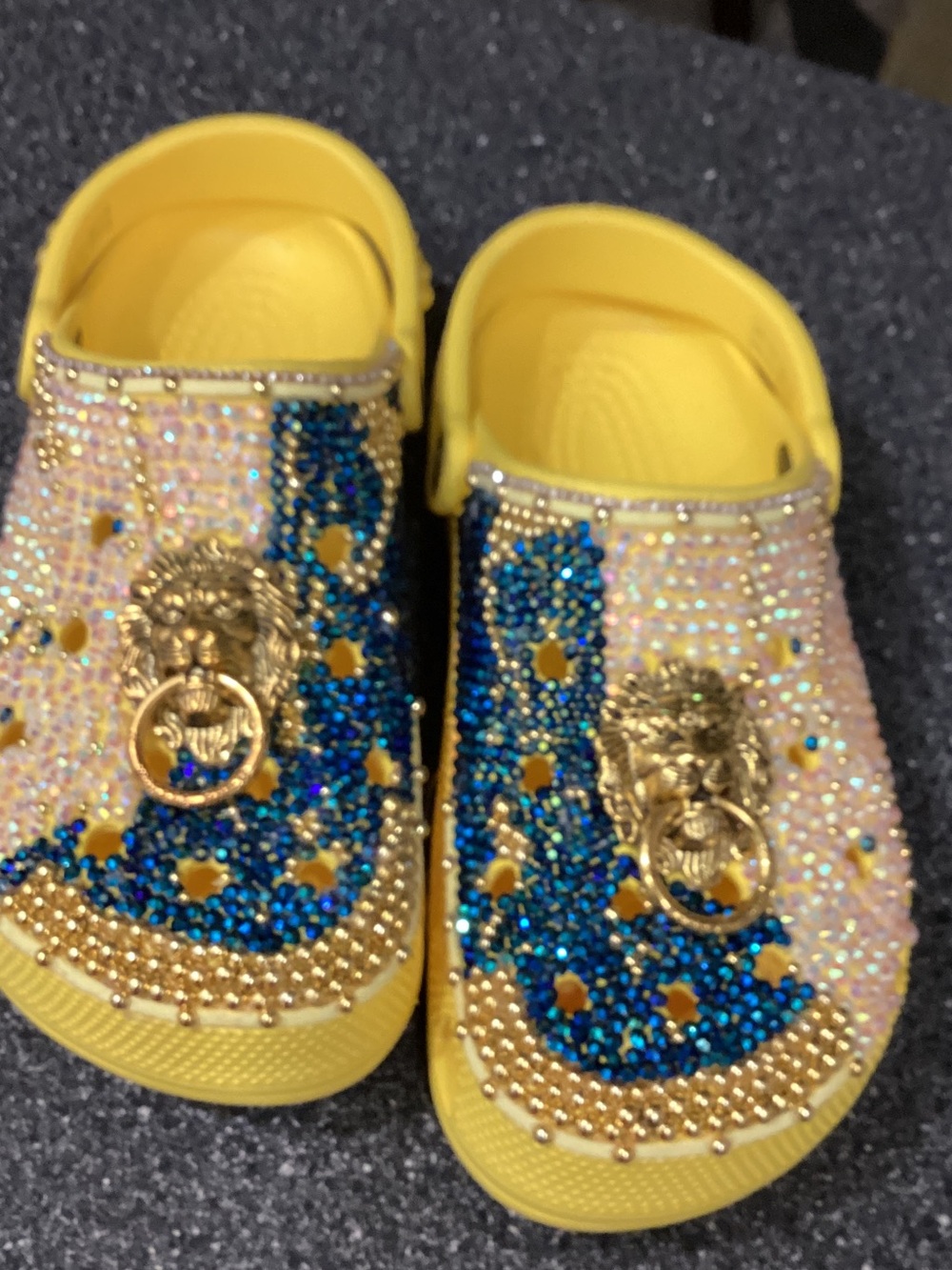Yellow Rhinestone Embellished Slip-On Sandals with Blue Accents